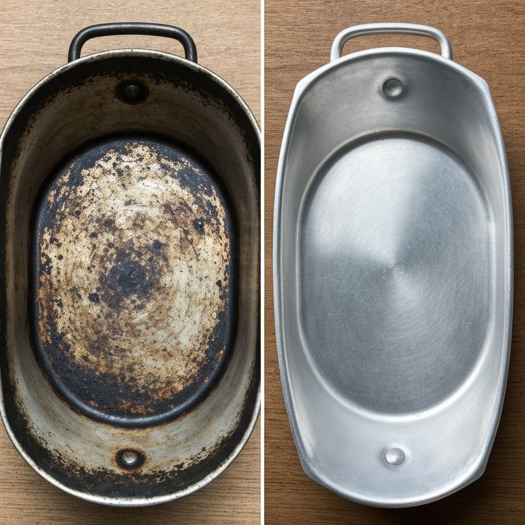 Before and after aluminum cookware restoration